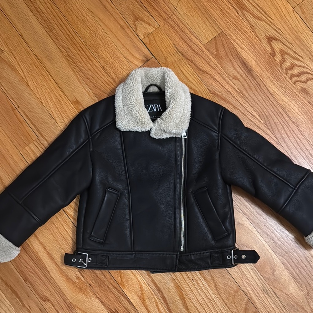 Zara Kids Black Faux Leather Jacket with Cream Lining